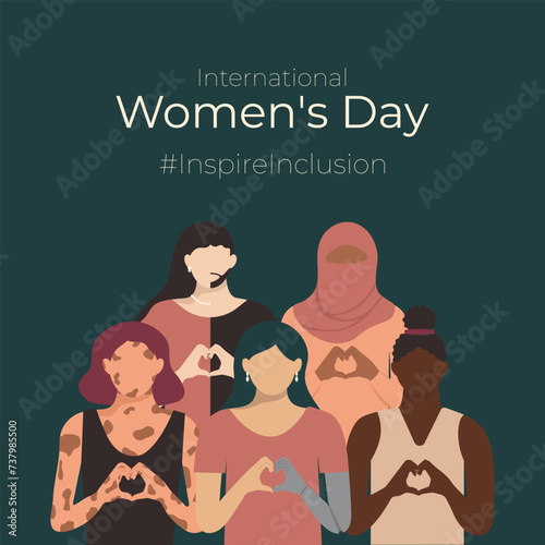 Inspire Inclusion 2024 poster on dark background. Diverse religions colors body ages physical abilities and ethnicities girls with heart-shaped hands. International Women Day InspireInclusion slogan