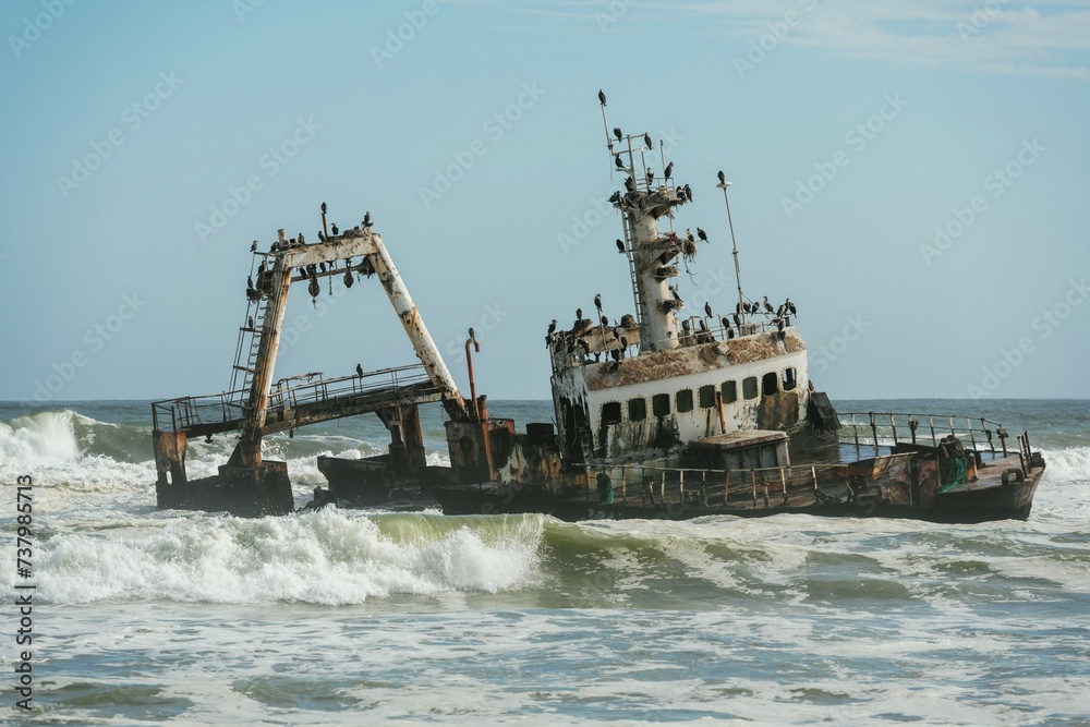 View of abandoned old drowned ship in the sea of Africa View of abandoned old drowned ship in the sea of Africa
