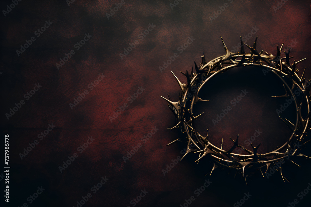 Crown of thorns with long spikes on dark red background, top view ...