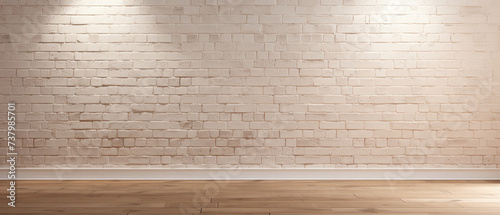 empty interior room with shadowless white brick walls and creamy brown wooden parquet floor created with Generative AI Technology photo