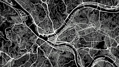 Zoom Out Road Map of Pittsburgh Pennsylvania with white roads on a black background