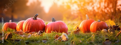 pumpkins on green grass, pumpkins that are ready to be harvested in the blurry light of the rising sun