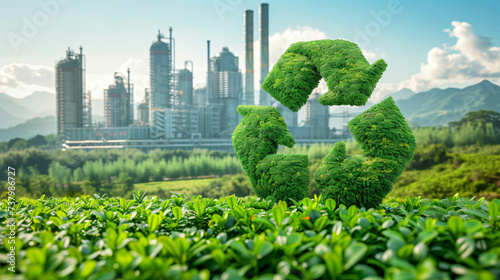 Conceptual image with recycle green sign background of an oil and gas processing plant photo