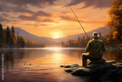 The Quiet Pleasure of Fishing: A Lone Fisherman Enjoying a Serene Sunset on a Calm Lake