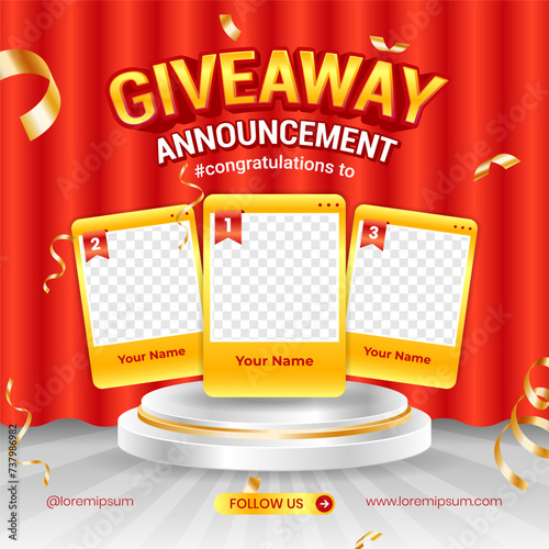 Giveaway winner announcement social media post banner template with 3d element