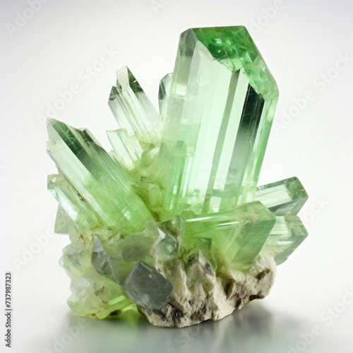 Bright green Hiddenite crystal gemstone isolated on white background created with Generative AI Technology photo