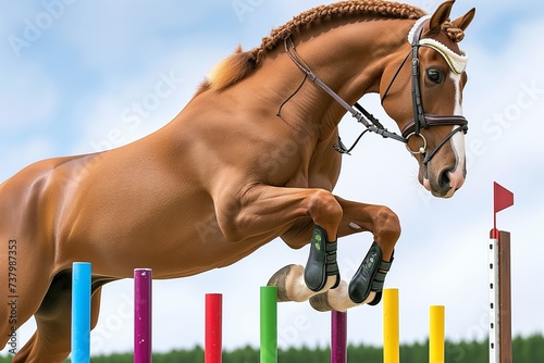 horse with braided mane jumping a series of colored poles