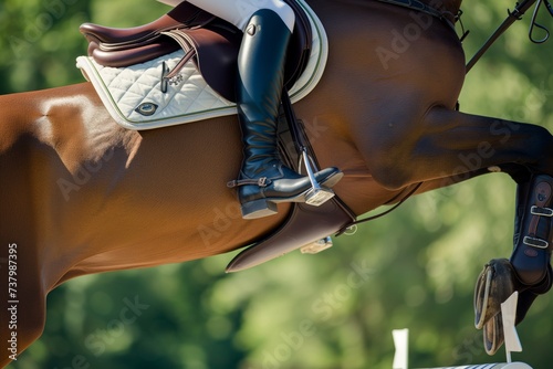 close angle of a riders boot in the stirrup over a jump