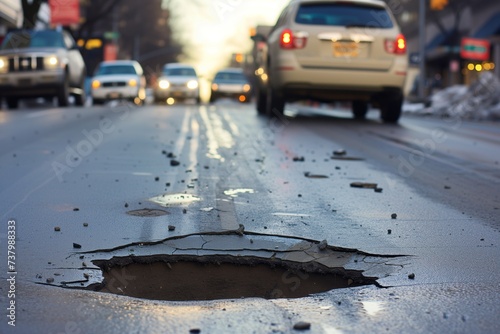 pothole on busy street, cars swerving around photo