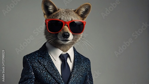 Cool looking animal wearing funky fashion dress - jacket, tie, sunglasses, plain colour background, stylish animal posing as supermodel. generative, AI