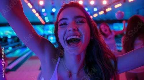 Joyful young woman celebrating at a colorful bowling alley. happiness and leisure concept. vivid imagery captures the excitement. AI