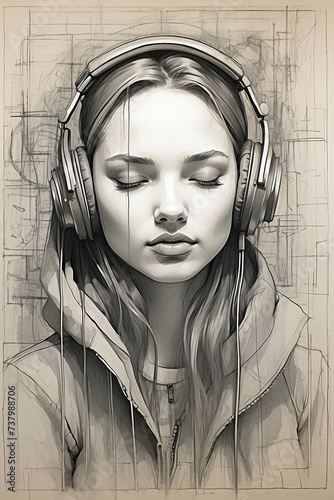 Storyboard of a young woman listening to headphones in a futuristic environment, her eyes are closed