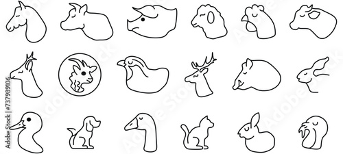 Farm and hunting animals, thin line icon set. Symbol collection in transparent background.