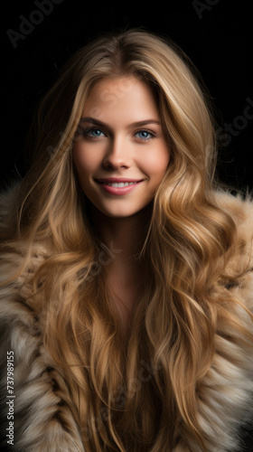 Beautiful glamorous smiling young European woman with long bright wavy blonde hair with detailed blue eyes wearing fur coat on black background created with Generative AI Technology  © AstraNova