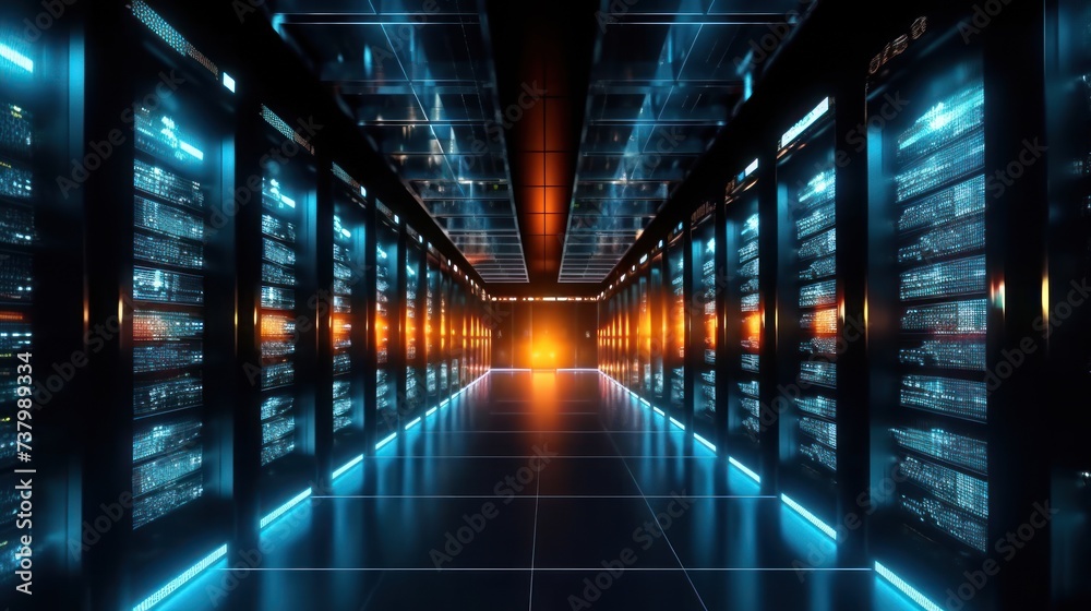 Hi-tech data center, server room, supercomputer, database, network server, telecommunication, computer concept futuristic techonology.