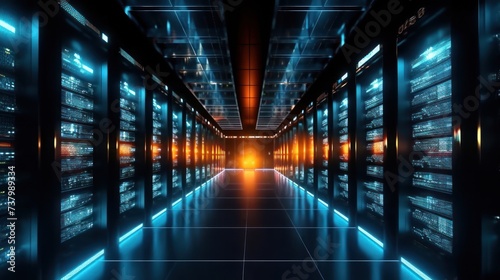 Hi-tech data center, server room, supercomputer, database, network server, telecommunication, computer concept futuristic techonology.