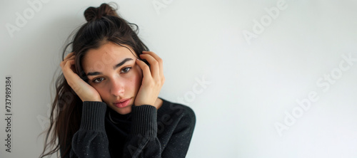 A young beautiful cute teenage girl is sad, holds her head with her hands and looks sadly at the camera. Banner. Place for text. Melancholy mood. Teenage crisis. thoughtfulness