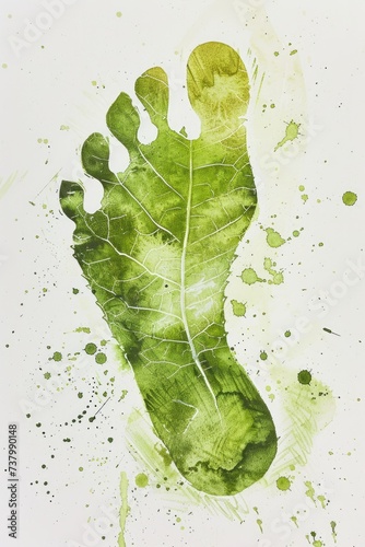 Generative AI, green ecology painted human carbon footprint with leaf veins