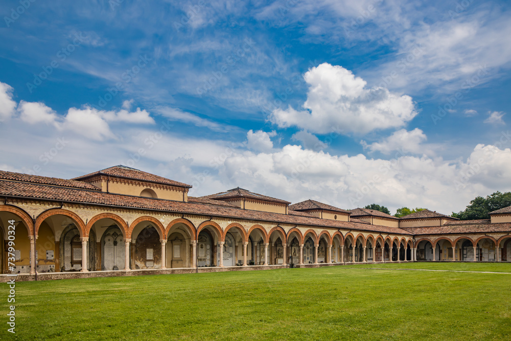 Ferrara, Emilia Romagna, Italy. The monumental Ferrara Charterhouse, full of gardens, architecture, historic buildings, art and history. UNESCO World Heritage Site.