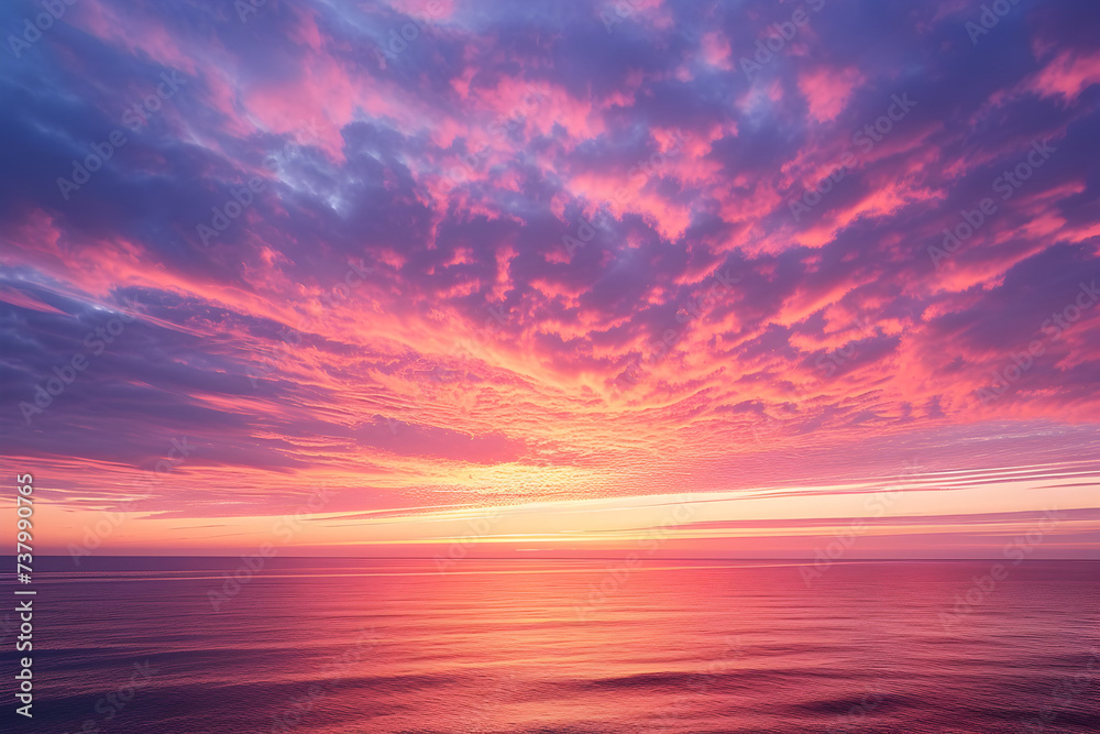  pink, purple and lilac sunset clouds on the sea
