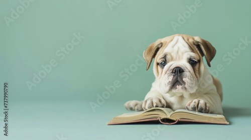 A photo portrait of a cute English bulldog puppy with a book on a pastel blue background. A postcard with a place for text