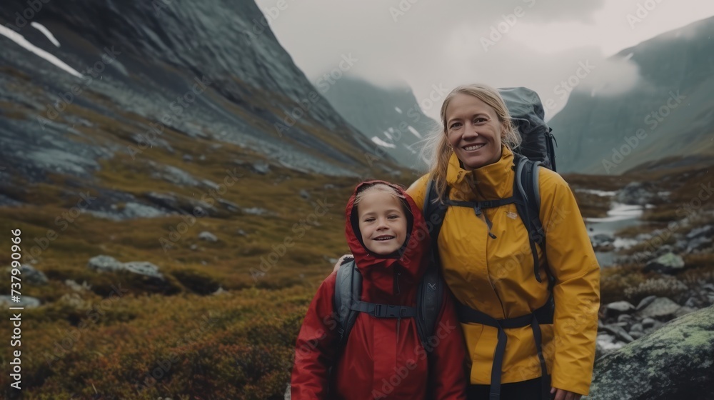 Mother and daughter hikers having fun in Norway mountains travel together active healthy lifestyle family vacations woman playing with child Mother's