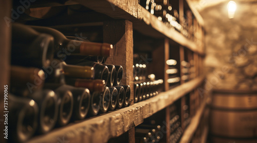 Rows of glass bottles fill the shelves of an old wine cellar photo