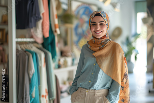 Stylish Middle Eastern female fashion designer with a welcoming smile in boutique interior © boxstock production