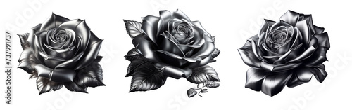 Close up Silver rose flowers set on transparent background | Top View shiny gray metal rosa | Set of silver rose  | PNG Clipping path #737991737
