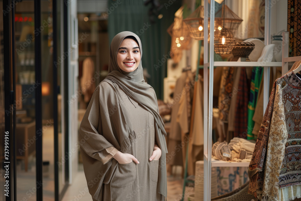 Stylish Middle Eastern female fashion designer with a welcoming smile in boutique interior