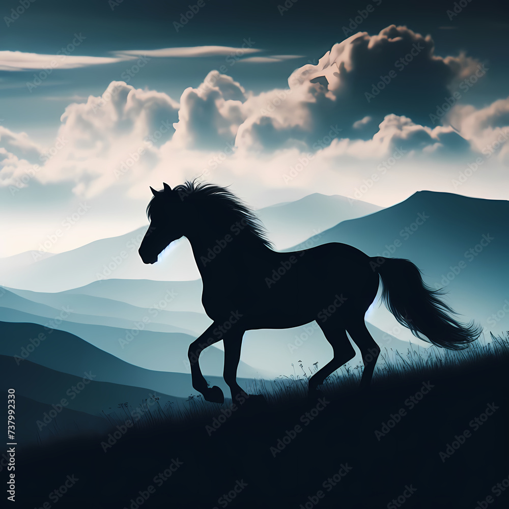 a stunning silhouette image of a horse against the backdrop of a sweeping landscape, capturing the grace and power of this magnificent creature in its natural environment, generative ai