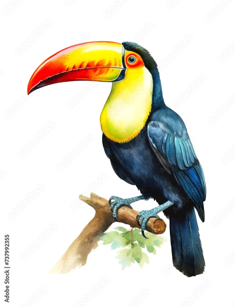 Watercolor illustration of a toco toucan bird perched on a branch isolated on white background. Watercolor illustration of a toco toucan bird perched on a branch isolated on white background.