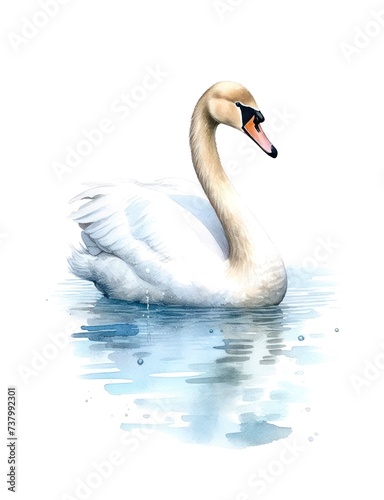 Watercolor illustration of a mute swan swimming in the water isolated on white background.
