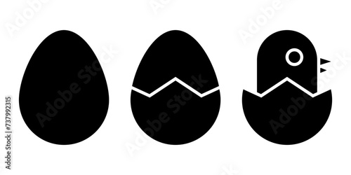 Set of icons with a newborn chicken. Egg, cracked egg and chicken in an egg. Vector illustration isolated on white background.