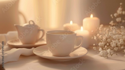 A cup of tea and a burning candle in soft beige tones. The concept of quiet luxury.