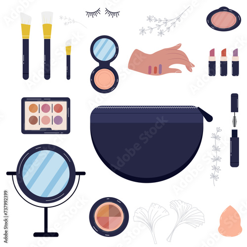 Web Set of decorative cosmetics. Various makeup cosmetics including powder  blush mascara  lipstick  eye shadow  brushes.