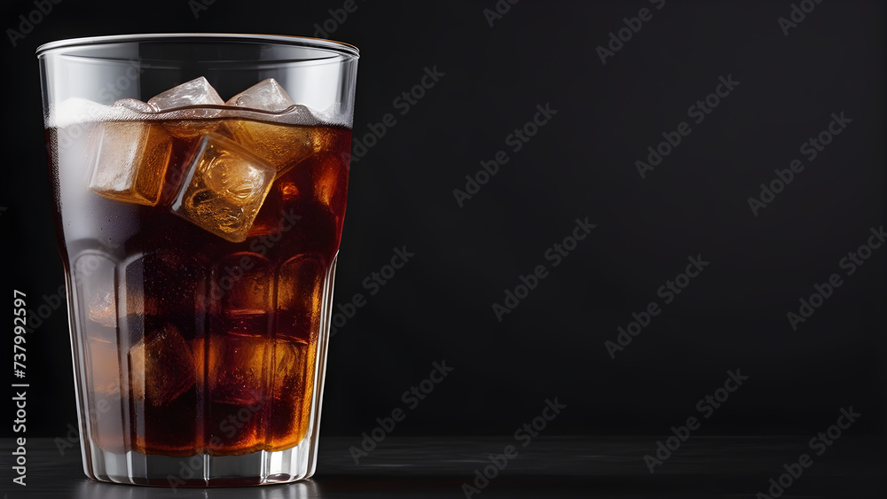 A refreshing cola full of carbonated beverage and ice is placed in a cup. generative AI. - obrazy, fototapety, plakaty 
