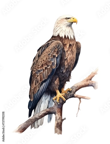 Watercolor illustration of a bald eagle bird perched on a branch isolated on white background.