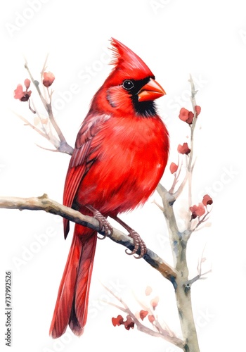Watercolor illustration of a red cardinal bird perched on a branch isolated on white background.