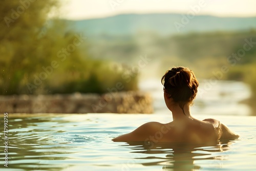 A Blissful Retreat: Young Woman Finds Serenity in a Picturesque Natural Spring Spa. Concept Nature's Healing Power, Tranquil Waters, Revitalizing Spa Treatments, Serene Surroundings