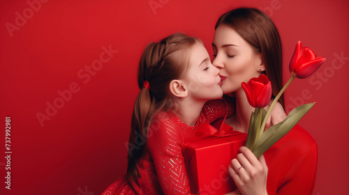 happy mother's day concept, child daughter congratulates mother and gives a bouquet of flowers to tulips