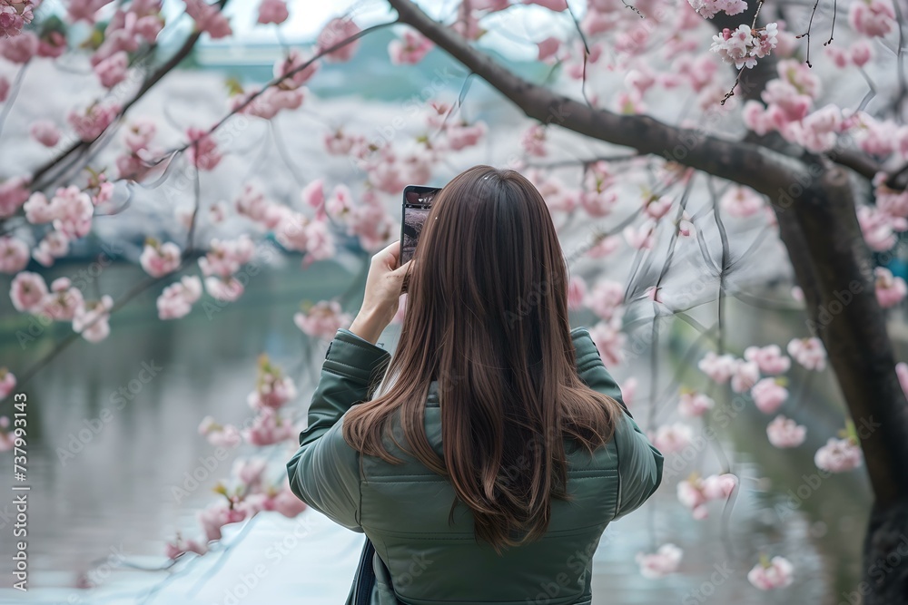 Asian woman in Tokyos Chidorigafuchi park capturing sakura cherry blossoms on her phone. Concept Japanese Spring, Cherry Blossom Season, Tokyo's Chidorigafuchi Park, Sakura Photography Asian woman in Tokyos Chidorigafuchi park capturing sakura cherry blossoms on her phone. Concept Japanese Spring, Cherry Blossom Season, Tokyo's Chidorigafuchi Park, Sakura Photography