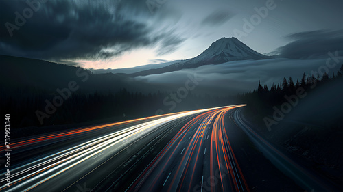 highway at night mountain light trails