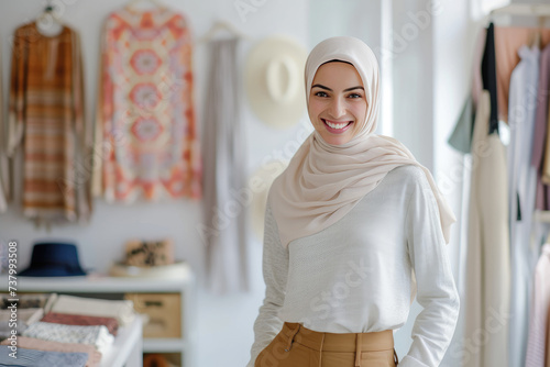 Stylish Middle Eastern female fashion designer with a welcoming smile in boutique interior © boxstock production