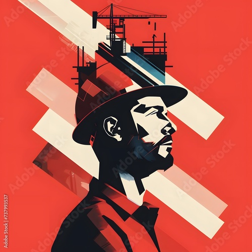 A worker in silhouette, with cranes and construction in the backdrop, set against a vibrant red theme. (ID: 737993537)