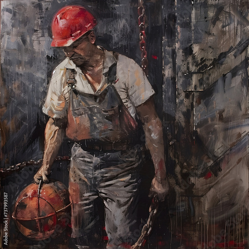 Painting of a construction worker in a helmet gear, amidst a gritty backdrop, embodies the spirit of Labour Day. (ID: 737993587)