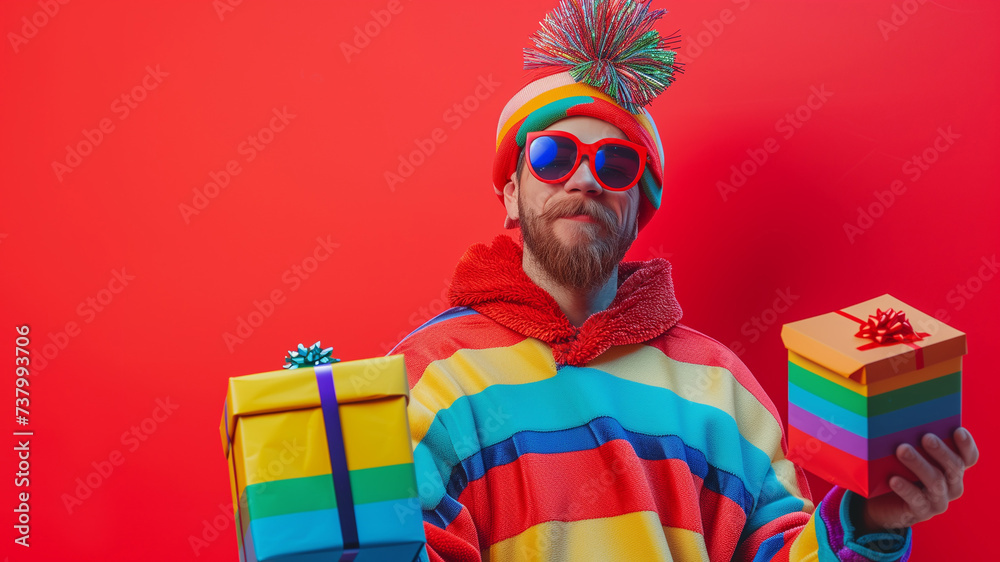 happy caucasian man wear blue striped t-shirt hold red present box with gift on studio background