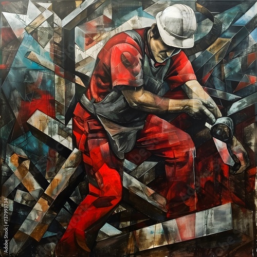 A worker in red overalls, wielding a hammer amidst abstract, geometric surroundings. (ID: 737993734)
