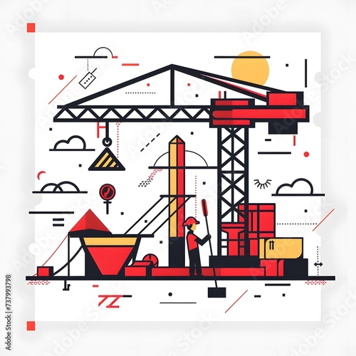 Illustration of construction site with crane and worker. Industrial background. A worker amidst a vibrant, geometric construction site under the golden sun. (ID: 737993798)