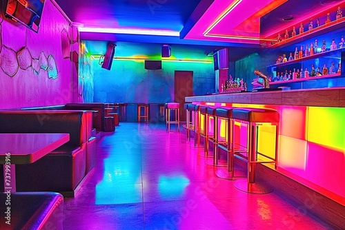 Interior of a night club with neon lights and bar counter. Interior of a bar